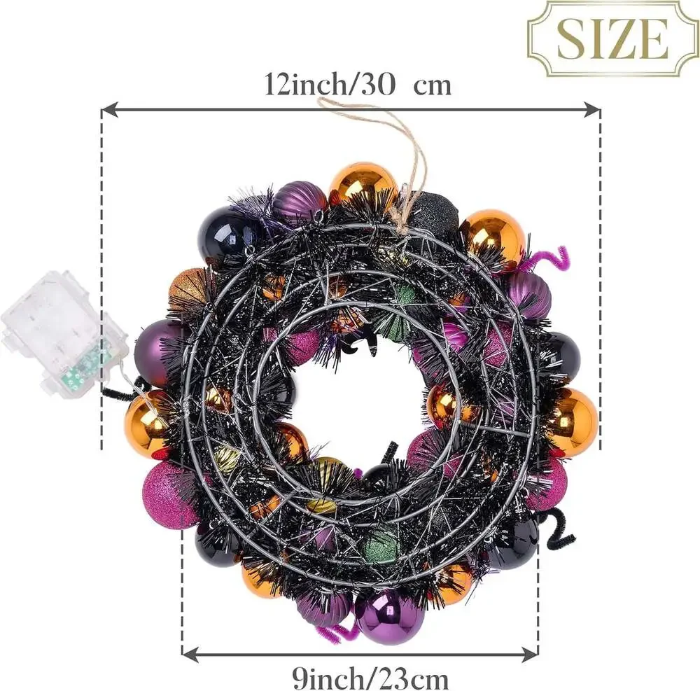 Halloween Pumpkin Wreath 12 Inch Front Door Decor with LED Lights and Timer